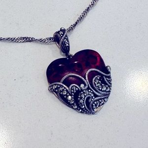 Sterling silver garnet filigree heart necklace and earring set